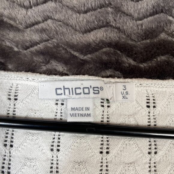 Chicos White Textured Knit Top W/ Black Scalloped Stripes Short Sleeve Womens XL - Picture 4 of 9